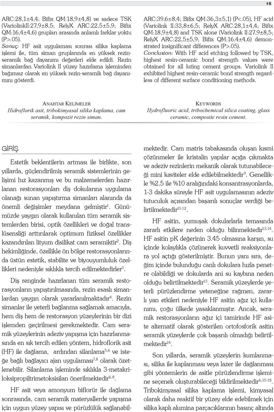 Rezin simanlardan Variolink II yüzey hazırlama işleminden bağımsız olarak en yüksek rezin-seramik bağ dayanımını gösterdi. ARC:39,6±8,4; Bifix QM:36,3±5,1) (P<.