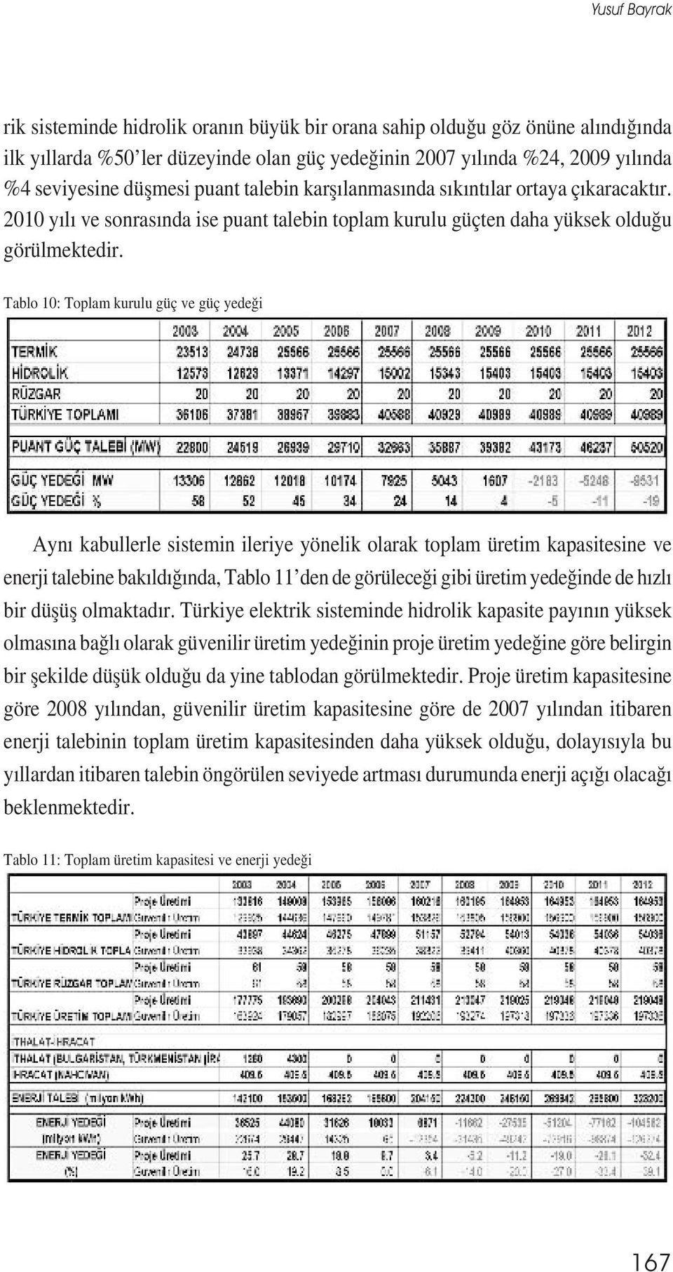 Tablo 10: Toplam kurulu güç ve güç yedeği Aynı kabullerle sistemin ileriye yönelik olarak toplam üretim kapasitesine ve enerji talebine bakıldığında, Tablo 11 den de görüleceği gibi üretim yedeğinde