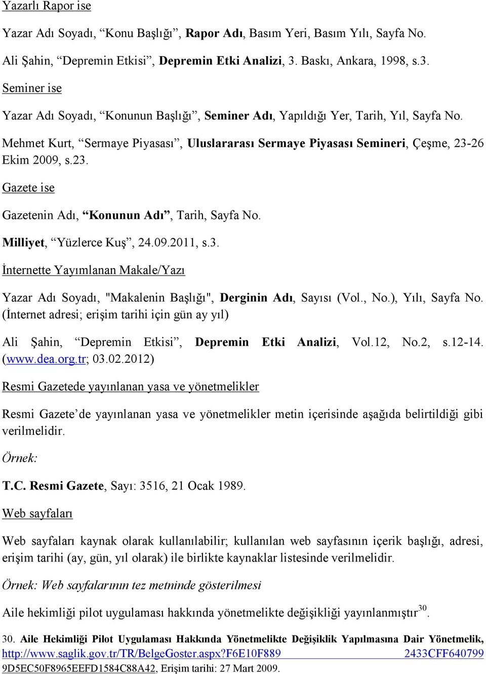 Mehmet Kurt, Sermaye Piyasası, Uluslararası Sermaye Piyasası Semineri, Çeşme, 23-26 Ekim 2009, s.23. Gazete ise Gazetenin Adı, Konunun Adı, Tarih, Sayfa No. Milliyet, Yüzlerce Kuş, 24.09.2011, s.3. İnternette Yayımlanan Makale/Yazı Yazar Adı Soyadı, "Makalenin Başlığı", Derginin Adı, Sayısı (Vol.