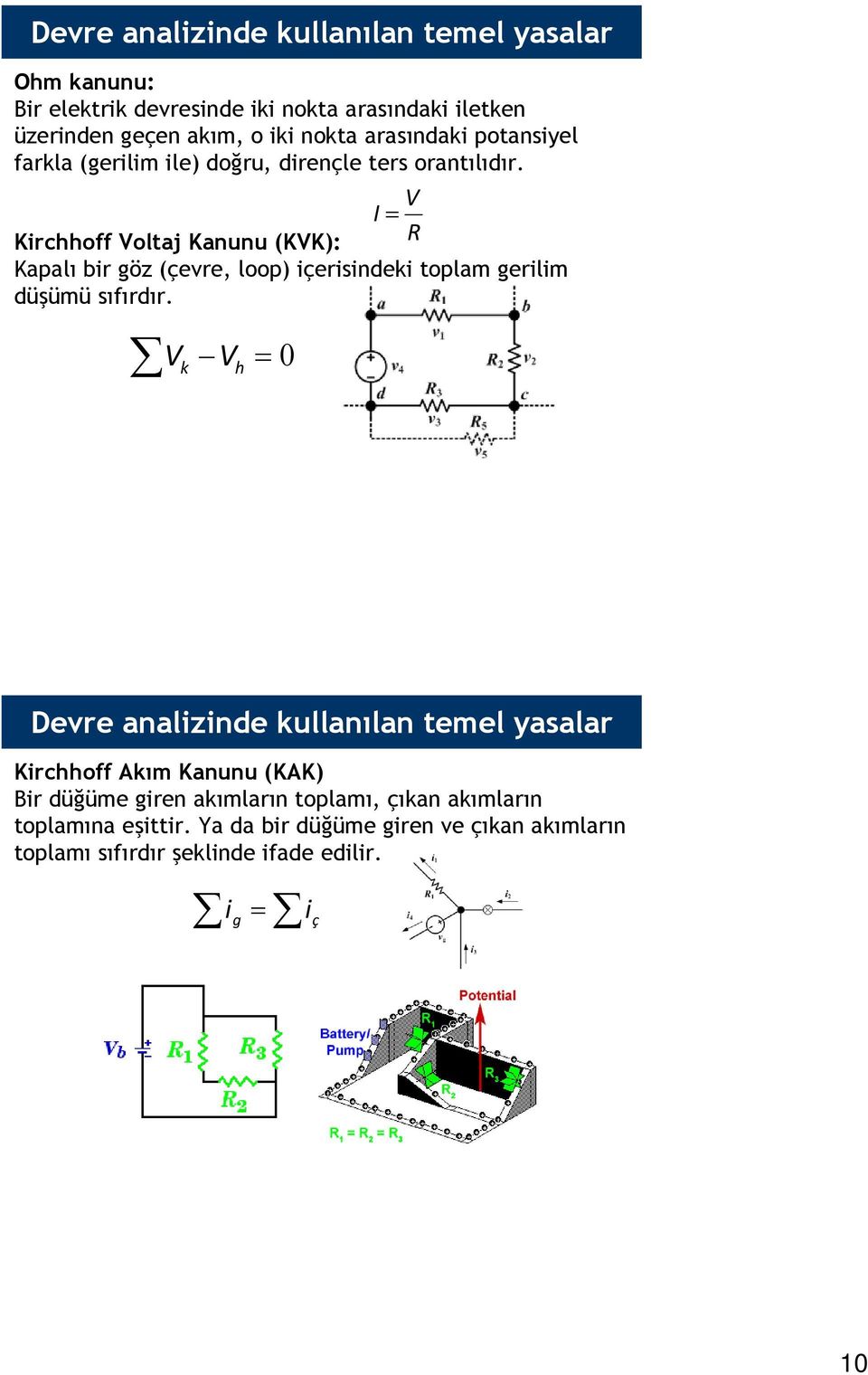 V I = Kirchhoff Voltaj Kanunu (KVK): R Kapalı bir göz (çevre, loop) içerisindeki toplam gerilim düşümü sıfırdır.