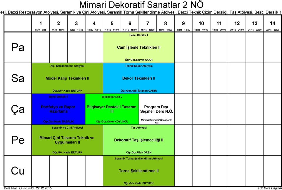 Kadir ERTÜRK Öğr.Gör.Servet AKAR Teknik Dekor Atelyesi Dekor Teknikleri II Öğr.Gör.Halil İbrahim ÇAKIR Bezci Derslik Bilgisayar Lab Portfolyo ve Rapor Hazırlama Bilgisayar Destekli Tasarım III Seçmeli Ders N.