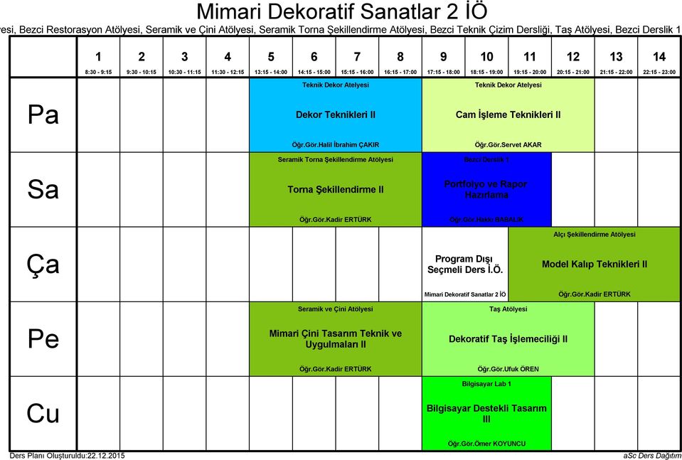 Gör.Servet AKAR Bezci Derslik Portfolyo ve Rapor Hazırlama Öğr.Gör.Hakkı BABALIK Seçmeli Ders İ.Ö. Mimari Dekoratif natlar İÖ Alçı Şekillendirme Atölyesi Model Kalıp Teknikleri II Öğr.Gör.Kadir ERTÜRK Seramik ve Çini Atölyesi Mimari Çini Tasarım Teknik ve Uygulmaları II Öğr.
