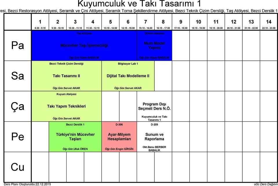 Gör.Servet AKAR Kuyum Atelyesi Takı Yapım Teknikleri Bilgisayar Lab Dijital Takı Modelleme II Öğr.Gör.Servet AKAR Seçmeli Ders N.Ö. Öğr.Gör.Servet AKAR Kuyumculuk ve Takı Tasarımı Bezci Derslik D-0 D-0 Türkiye'nin Mücevher Taşları Ayar-Milyem Hesaplamları Sunum ve Raporlama Öğr.