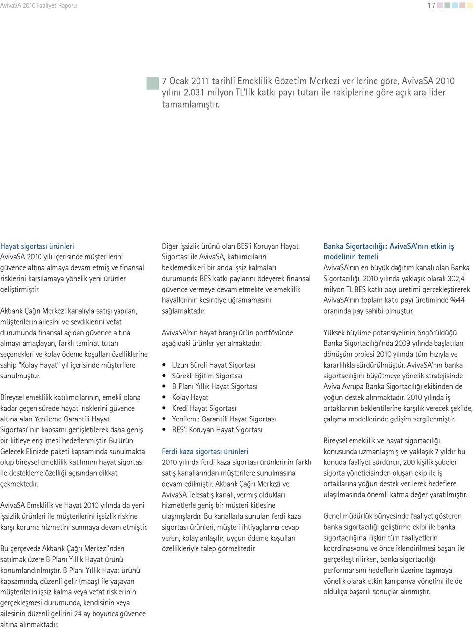 Hayat sigortası ürünleri AvivaSA 2010 yılı içerisinde müşterilerini güvence altına almaya devam etmiş ve finansal risklerini karşılamaya yönelik yeni ürünler geliştirmiştir.