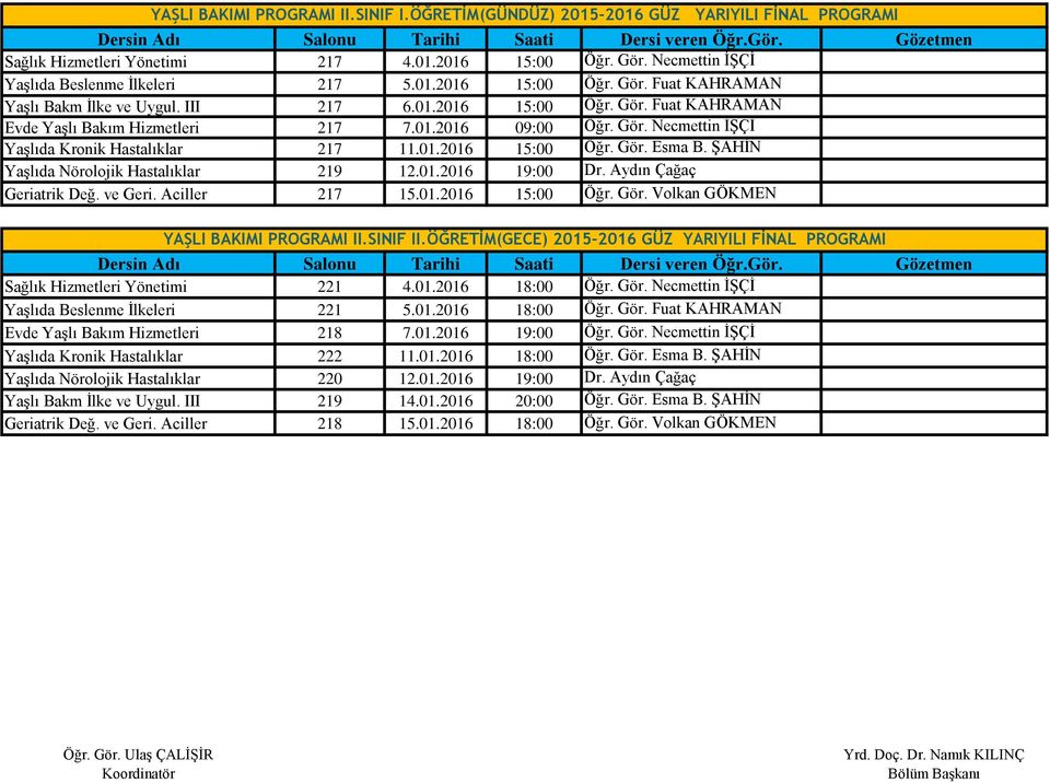 ŞAHİN Yaşlıda Nörolojik Hastalıklar 219 12.01.2016 19:00 Dr. Aydın Çağaç Geriatrik Değ. ve Geri. Aciller 217 15.01.2016 15:00 Öğr. Gör. Volkan GÖKMEN YAŞLI BAKIMI PROGRAMI II.SINIF II.