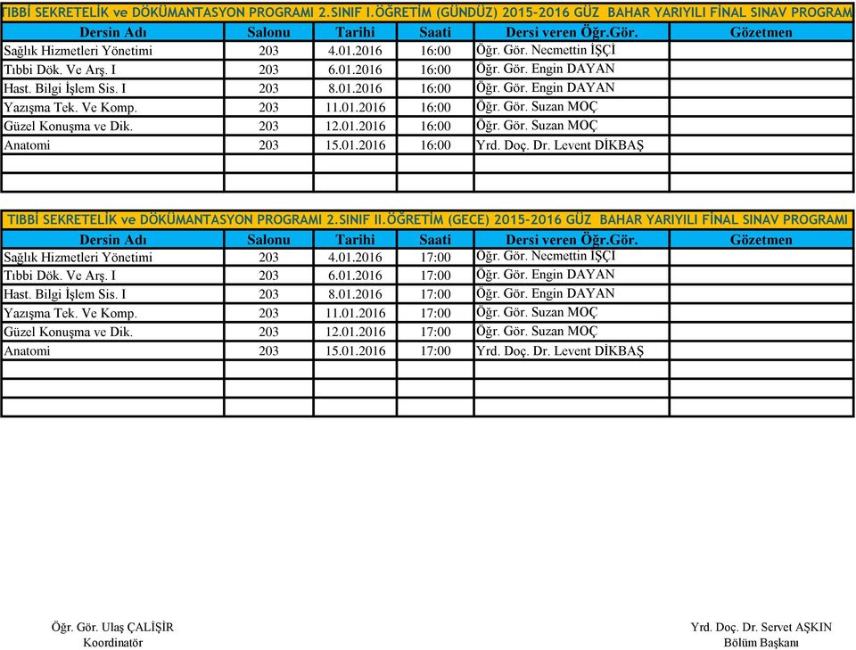 203 12.01.2016 16:00 Öğr. Gör. Suzan MOÇ Anatomi 203 15.01.2016 16:00 Yrd. Doç. Dr. Levent DİKBAŞ TIBBİ SEKRETELİK ve DÖKÜMANTASYON PROGRAMI 2.SINIF II.