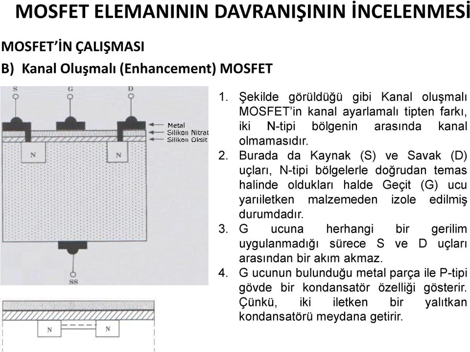 Burada da Kaynak (S) ve Savak (D) uçları, N-tipi bölgelerle doğrudan temas halinde oldukları halde Geçit (G) ucu yarıiletken malzemeden izole