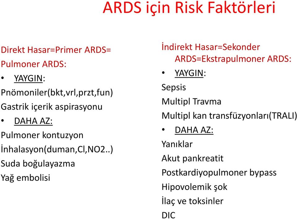 .) Suda boğulayazma Yağ embolisi İndirekt Hasar=Sekonder ARDS=Ekstrapulmoner ARDS: YAYGIN: Sepsis Multipl