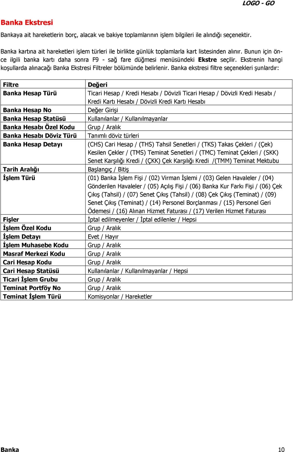 Ekstrenin hangi koşullarda alınacağı Banka Ekstresi Filtreler bölümünde belirlenir.