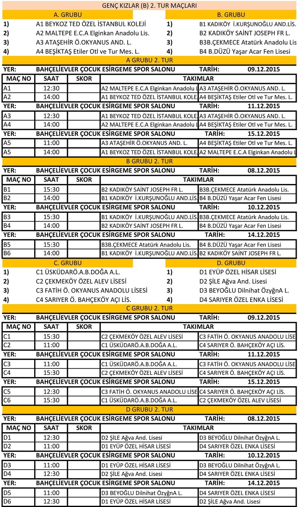 TUR BAHÇELİEVLER ÇOCUK ESİRGEME SPOR SALONU TARİH: 09.12.2015 A1 12:0 A2 MALTEPE E.C.A Elginkan Anadolu Lis. A ATAŞEHİR Ö.OKYANUS AND. L. A2 14:00 A1 BEYKOZ TED ÖZEL İSTANBUL KOLEJİA4 BEŞİKTAŞ Etiler Otl ve Tur Mes.