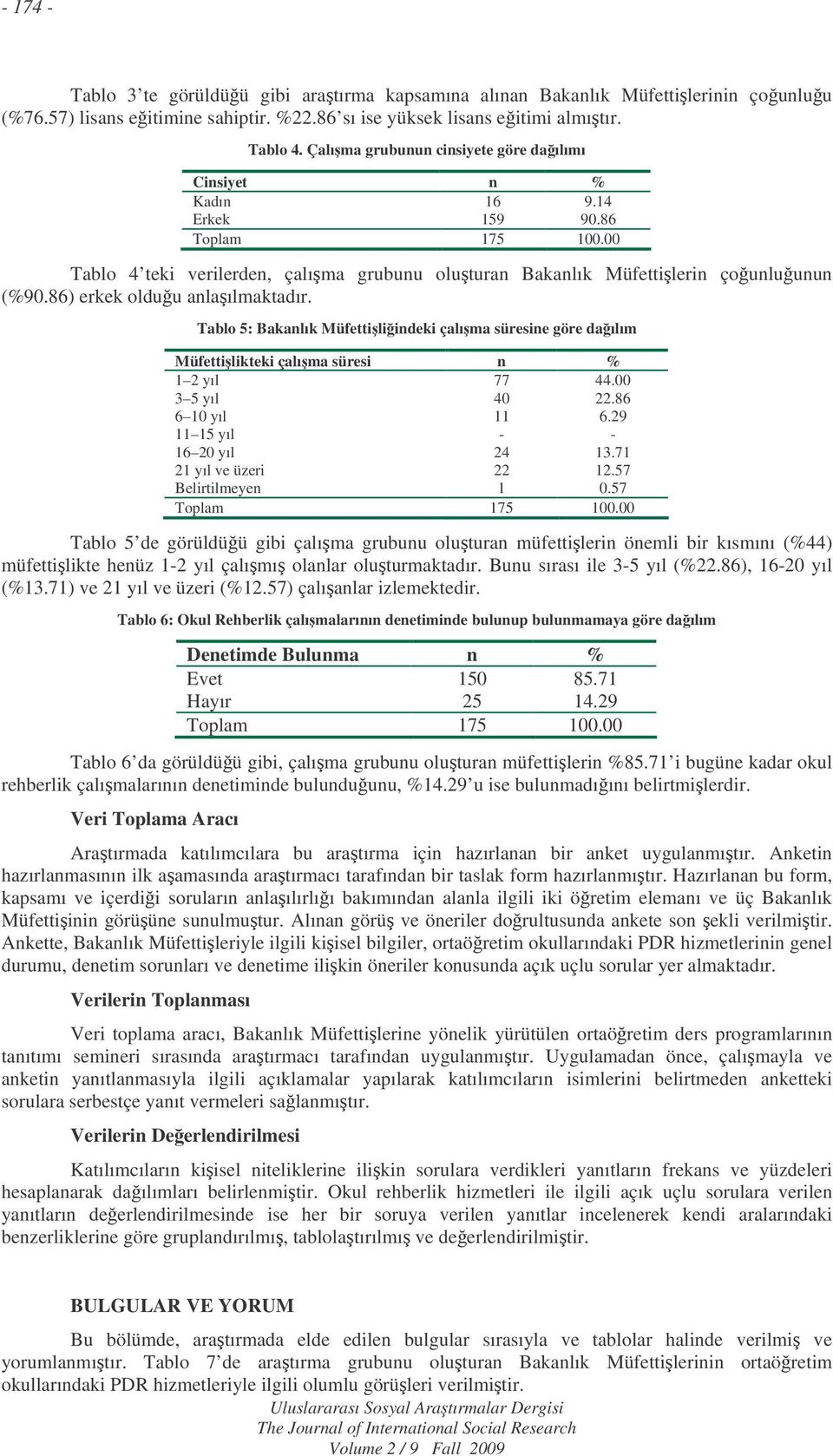 Tablo 5: Bakanlık Müfettiliindeki çalıma süresine göre daılım Müfettilikteki çalıma süresi n % 1 2 yıl 77 44.00 3 5 yıl 40 22.86 6 10 yıl 11 6.29 11 15 yıl - - 16 20 yıl 24 13.