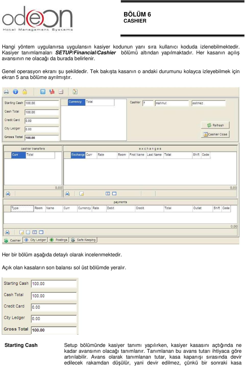 Her bir bölüm aşağıda detaylı olarak incelenmektedir. Açık olan kasaların son balansı sol üst bölümde yeralır.