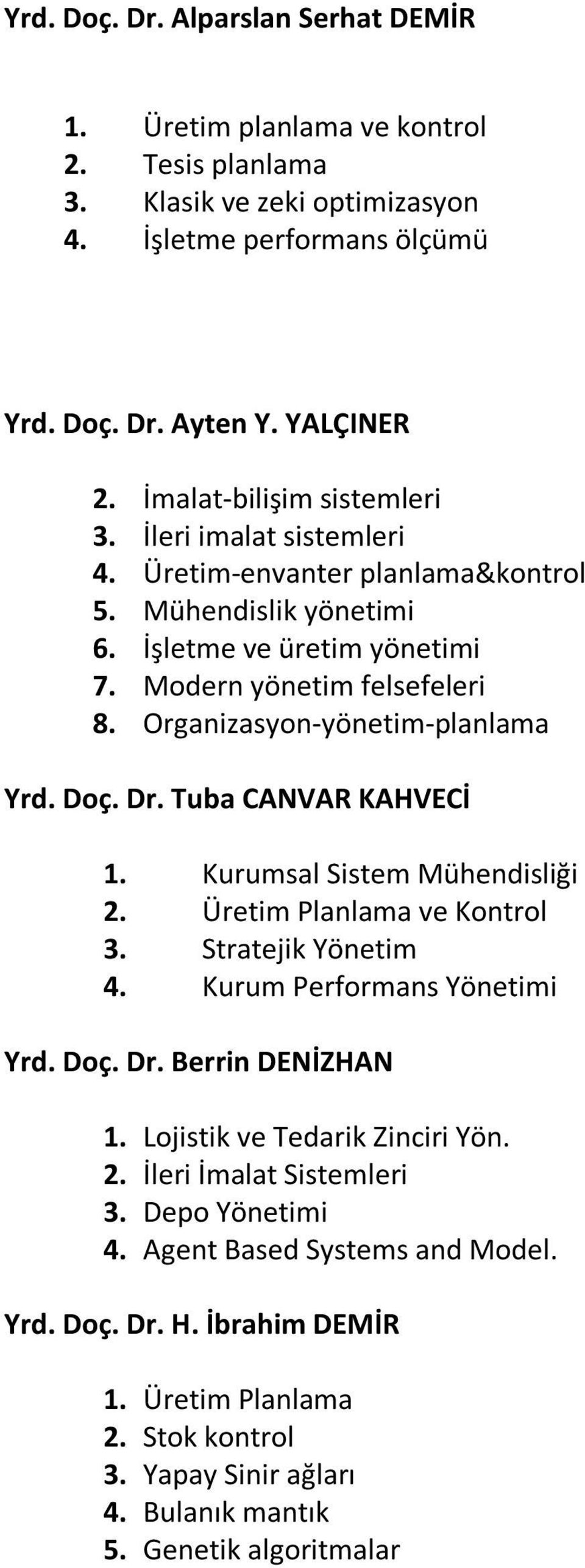 Organizasyon-yönetim-planlama Yrd. Doç. Dr. Tuba CANVAR KAHVECİ 1. Kurumsal Sistem Mühendisliği 2. Üretim Planlama ve Kontrol 3. Stratejik Yönetim 4. Kurum Performans Yönetimi Yrd. Doç. Dr. Berrin DENİZHAN 1.