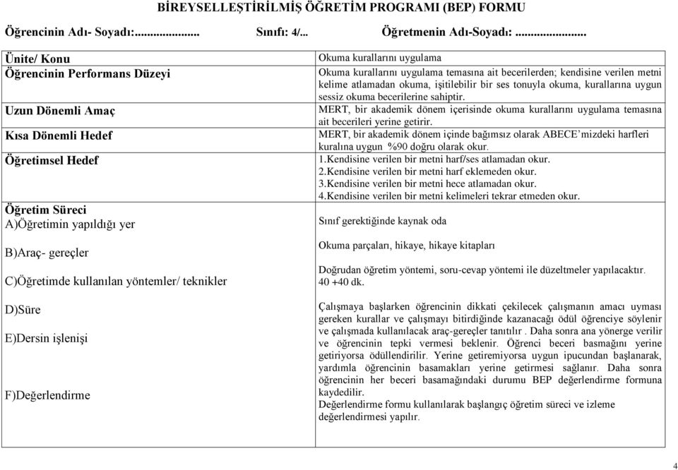 D)Süre E)Dersin işlenişi F)Değerlendirme Okuma kurallarını uygulama Okuma kurallarını uygulama temasına ait becerilerden; kendisine verilen metni kelime atlamadan okuma, işitilebilir bir ses tonuyla