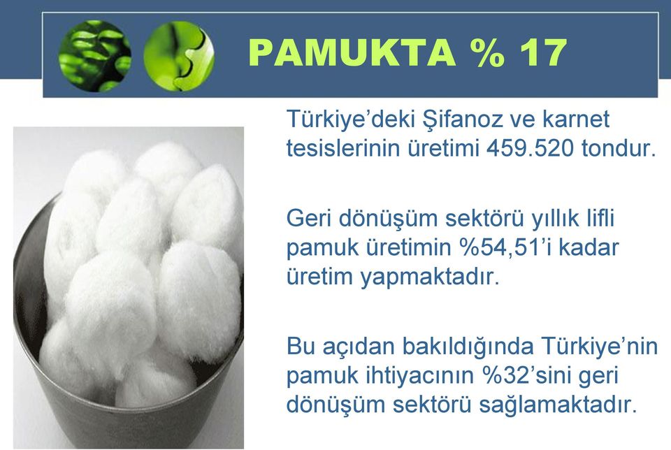 Geri dönüşüm sektörü yıllık lifli pamuk üretimin %54,51 i kadar