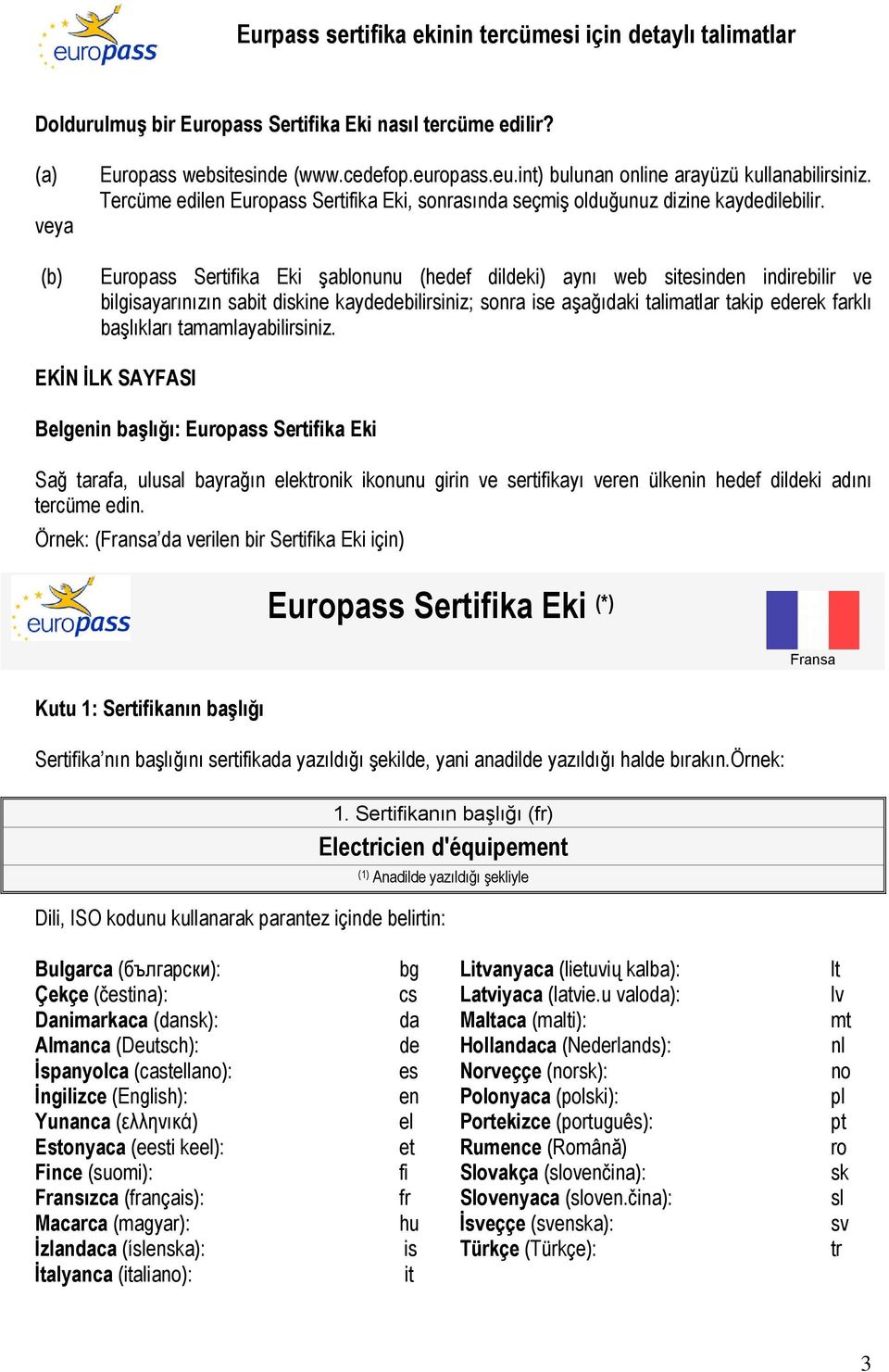 (b) Europass Sertifika Eki şablonunu (hedef dildeki) aynı web sitesinden indirebilir ve bilgisayarınızın sabit diskine kaydedebilirsiniz; sonra ise aşağıdaki talimatlar takip ederek farklı başlıkları