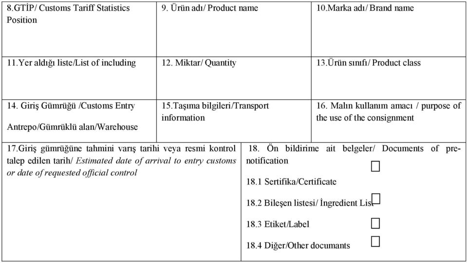 Malın kullanım amacı / purpose of the use of the consignment 17.