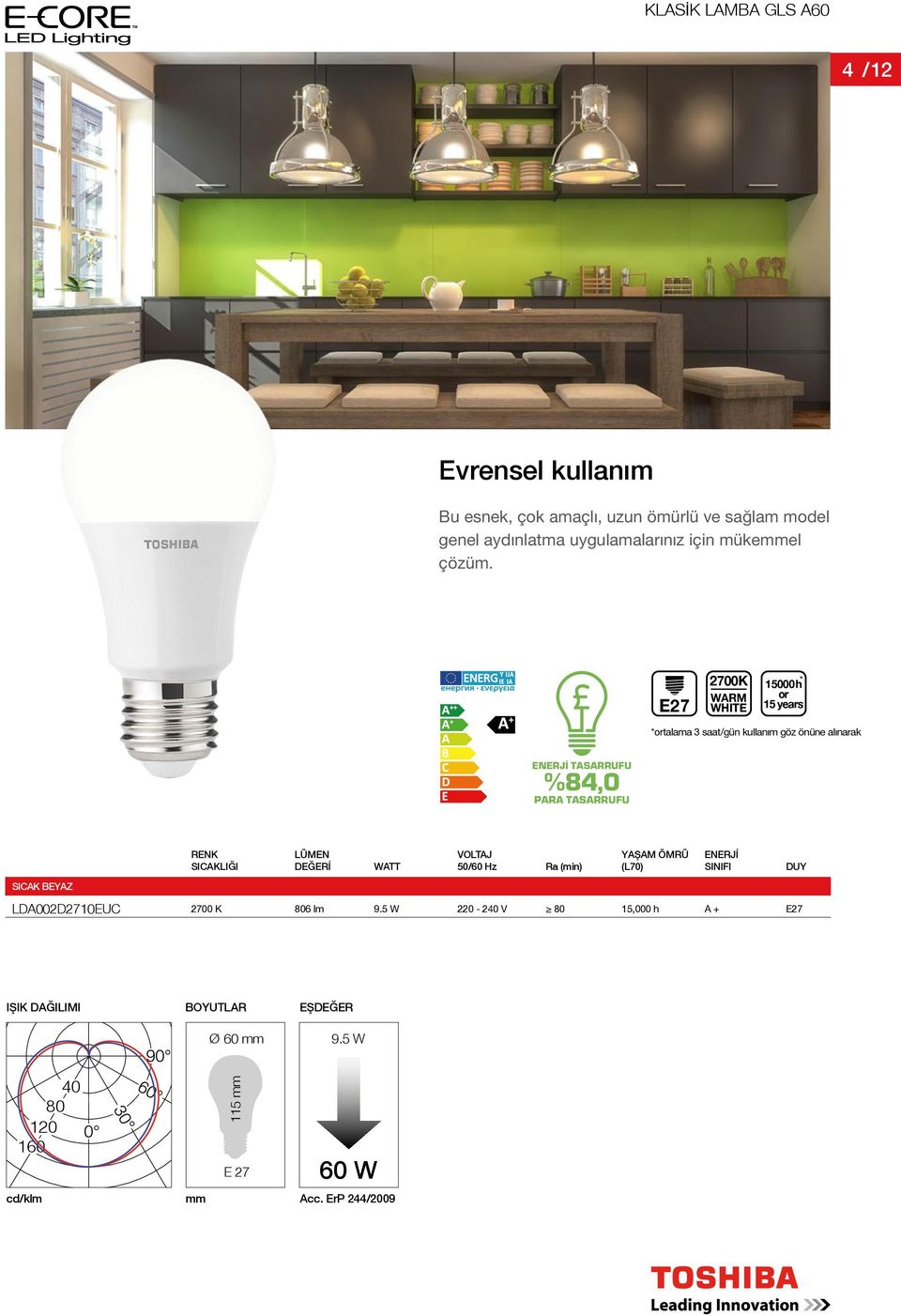 E27 2700K talama 3 saat/gün kullanım göz önüne alınarak %84,0 WATT YAŞAM ÖMRÜ (L70)