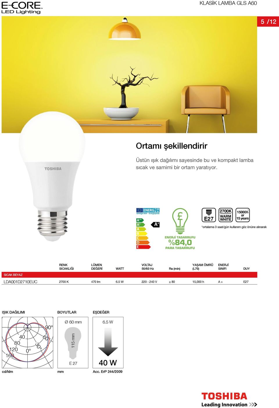 E27 2700K talama 3 saat/gün kullanım göz önüne alınarak %84,0 WATT YAŞAM ÖMRÜ (L70)