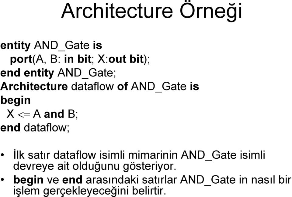 İlk satır dataflow isimli mimarinin AND_Gate isimli devreye ait olduğunu gösteriyor.