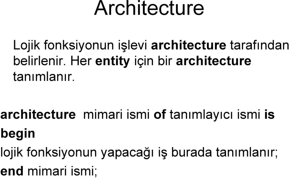 Her entity için bir architecture tanımlanır.
