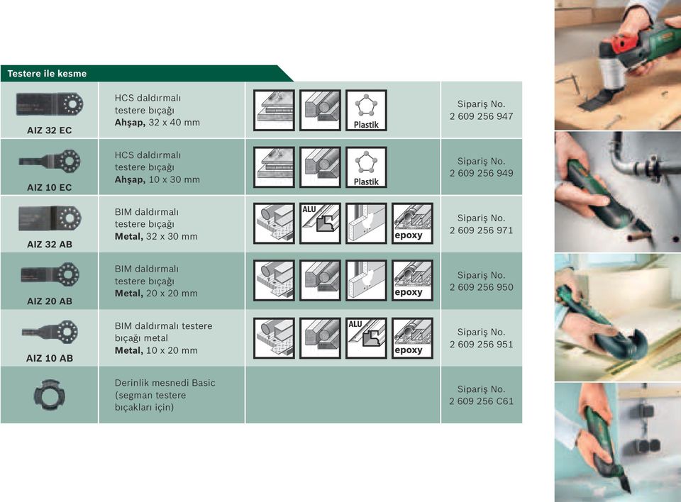 x 30 mm 2 609 256 971 AIZ 20 AB BIM daldırmalı testere bıçağı Metal, 20 x 20 mm 2 609 256 950 AIZ 10 AB BIM