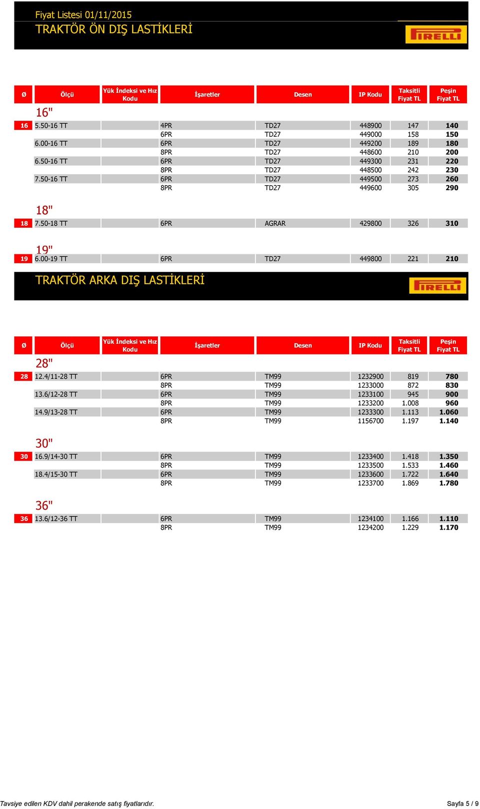 00-19 TT 6PR TD27 449800 221 210 TRAKTÖR ARKA DIŞ LASTİKLERİ 28" İşaretler Desen IP 28 12.4/11-28 TT 6PR TM99 1232900 819 780 8PR TM99 1233000 872 830 13.