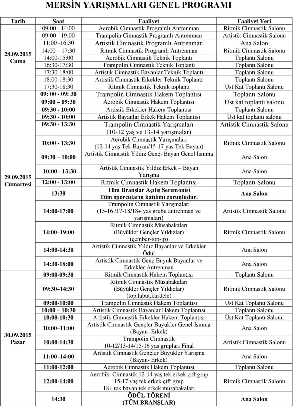 2015 14:00-15:00 Aerobik Cimnastik Teknik Toplantı Toplantı Salonu Cuma 16:30-17:30 Trampolin Cimnastik Teknik Toplantı Toplantı Salonu 17:30-18:00 Artistik Cimnastik Bayanlar Teknik Toplantı