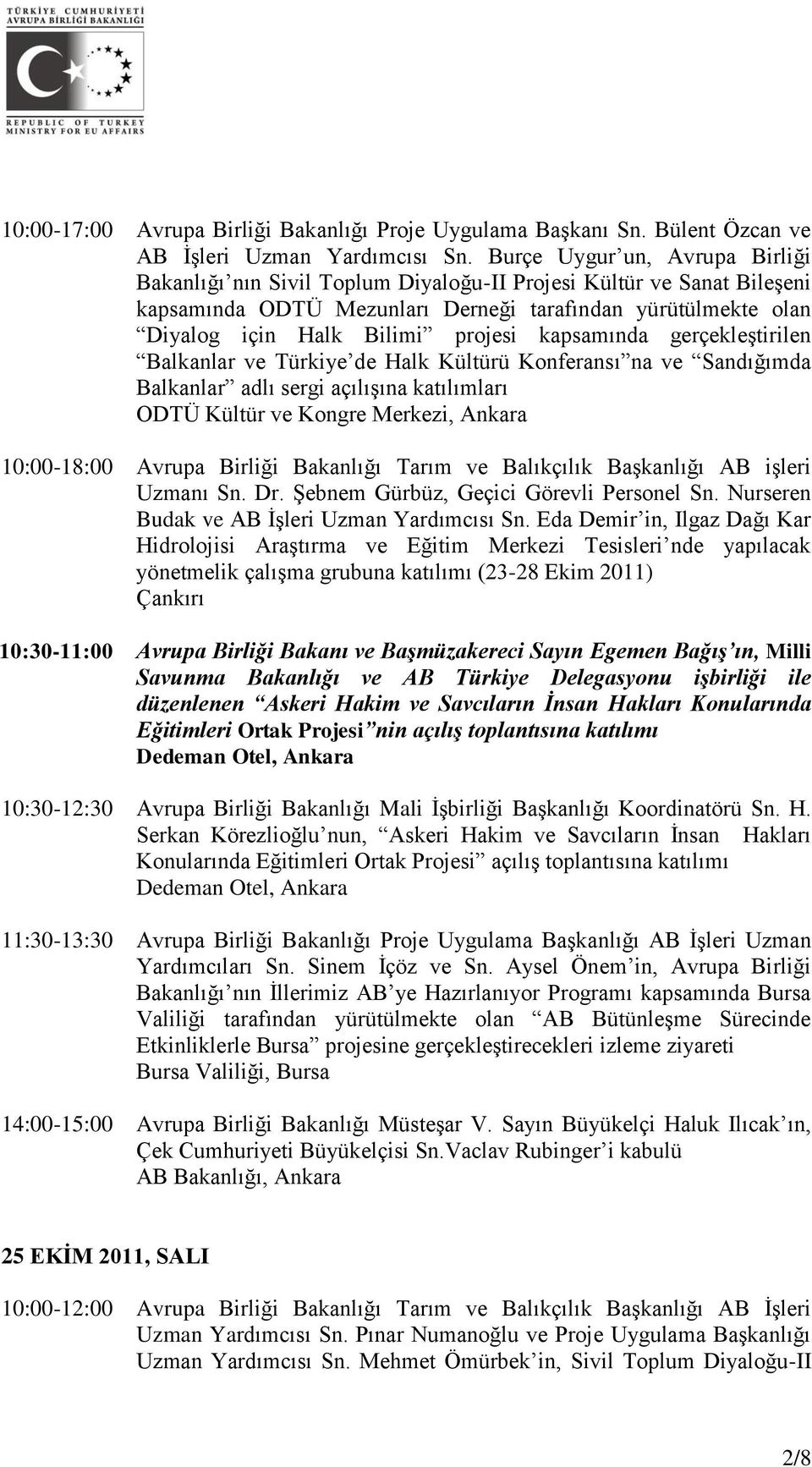 kapsamında gerçekleştirilen Balkanlar ve Türkiye de Halk Kültürü Konferansı na ve Sandığımda Balkanlar adlı sergi açılışına katılımları ODTÜ Kültür ve Kongre Merkezi, Ankara 10:00-18:00 Avrupa