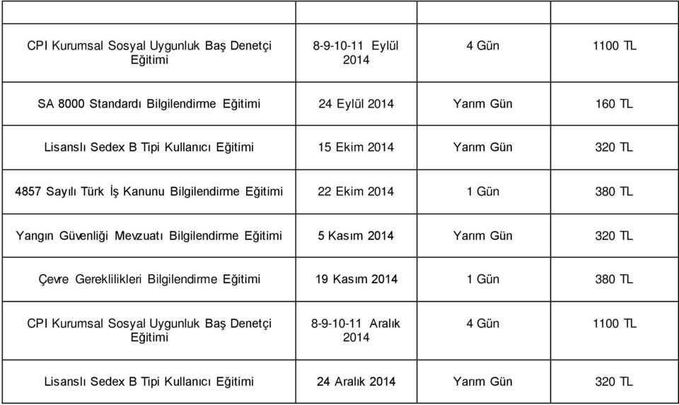 TL Yangın Güvenliği Mevzuatı Bilgilendirme Eğitimi 5 Kasım 2014 Yarım Gün 320 TL Çevre Gereklilikleri Bilgilendirme Eğitimi 19 Kasım 2014 1 Gün 380 TL