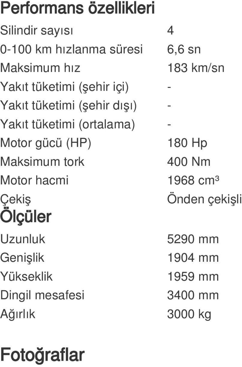 Motor gücü (HP) 180 Hp Maksimum tork 400 Nm Motor hacmi 1968 cm³ Çekiş Ölçüler Uzunluk