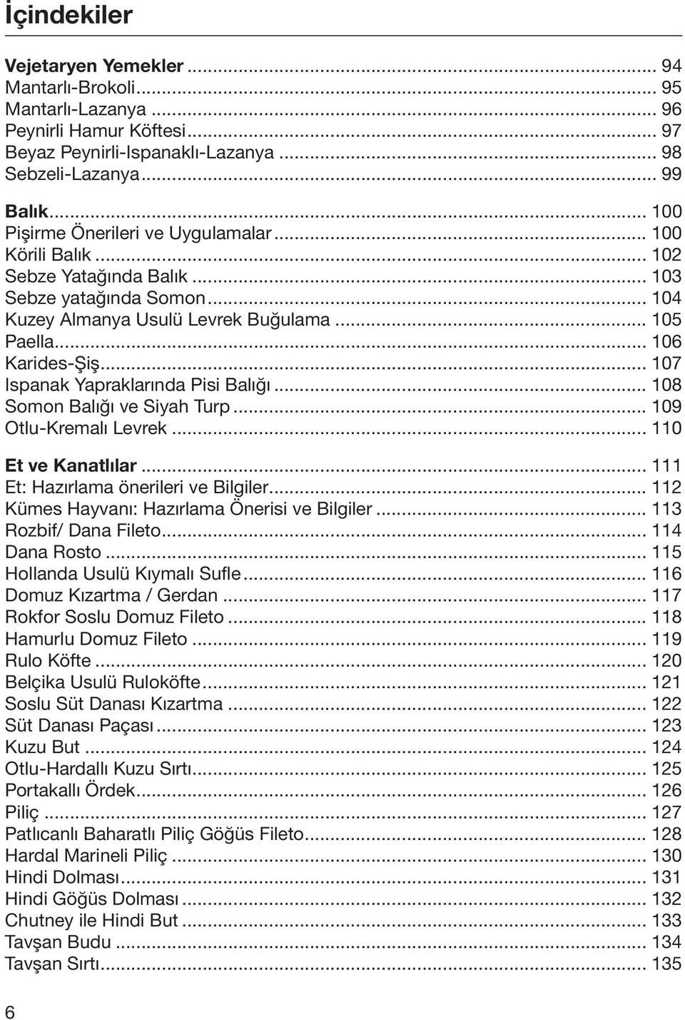 .. 107 Ispanak Yapraklarında Pisi Balığı... 108 Somon Balığı ve Siyah Turp... 109 Otlu-Kremalı Levrek... 110 Et ve Kanatlılar... 111 Et: Hazırlama önerileri ve Bilgiler.