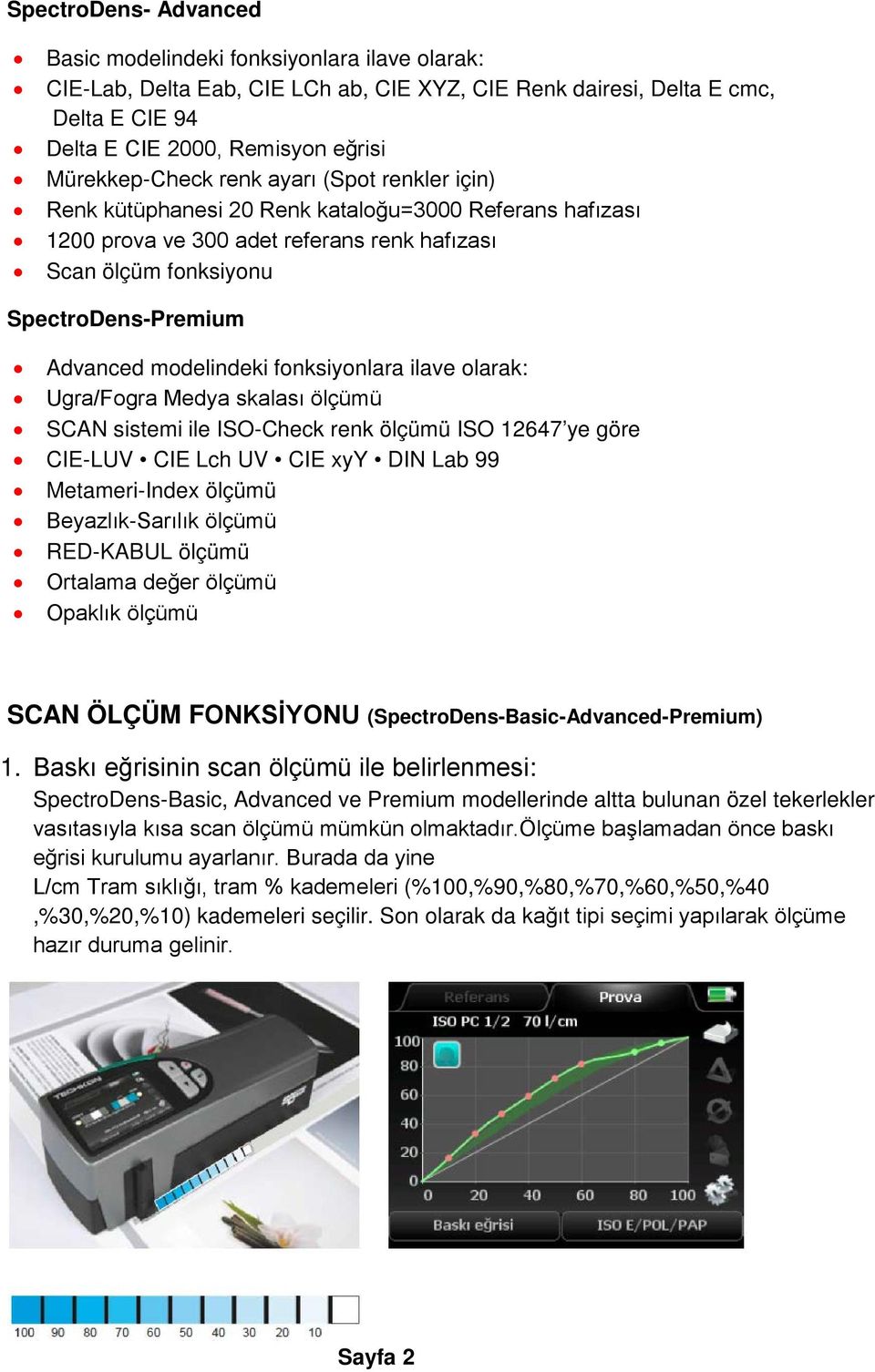 modelindeki fonksiyonlara ilave olarak: Ugra/Fogra Medya skalası ölçümü SCAN sistemi ile ISO-Check renk ölçümü ISO 12647 ye göre CIE-LUV CIE Lch UV CIE xyy DIN Lab 99 Metameri-Index ölçümü