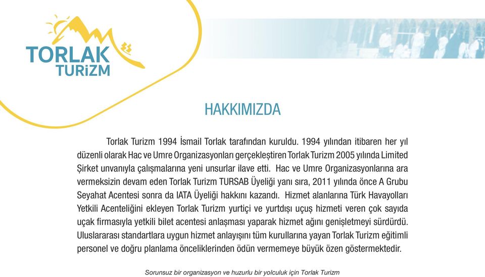 Hac ve Umre Organizasyonlarına ara vermeksizin devam eden Torlak Turizm TURSAB Üyeliği yanı sıra, 2011 yılında önce A Grubu Seyahat Acentesi sonra da IATA Üyeliği hakkını kazandı.
