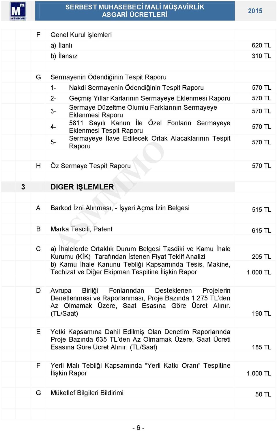 Alacaklarının Tespit Raporu 570 TL H Öz Sermaye Tespit Raporu 570 TL 3 DIGER IŞLEMLER A Barkod İzni Alınması, - İşyeri Açma İzin Belgesi 515 TL B Marka Tescili, Patent 615 TL C a) İhalelerde Ortaklık