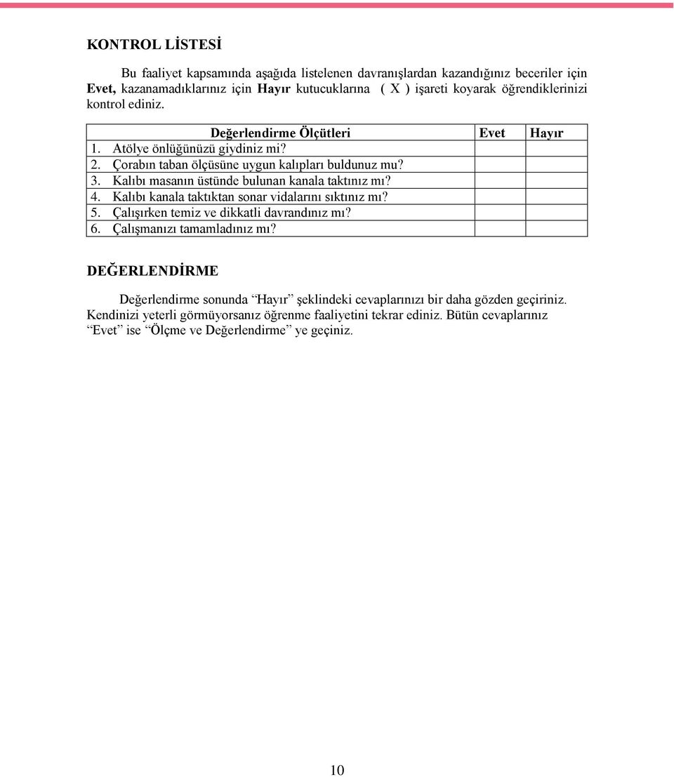 Kalıbı masanın üstünde bulunan kanala taktınız mı? 4. Kalıbı kanala taktıktan sonar vidalarını sıktınız mı? 5. Çalışırken temiz ve dikkatli davrandınız mı? 6. Çalışmanızı tamamladınız mı?