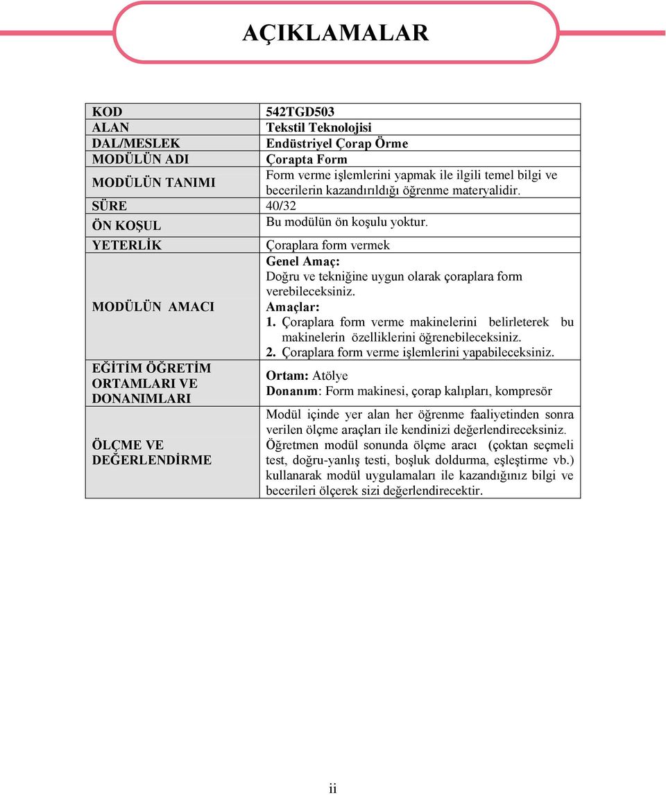 YETERLİK MODÜLÜN AMACI EĞİTİM ÖĞRETİM ORTAMLARI VE DONANIMLARI ÖLÇME VE DEĞERLENDİRME AÇIKLAMALAR Çoraplara form vermek Genel Amaç: Doğru ve tekniğine uygun olarak çoraplara form verebileceksiniz.