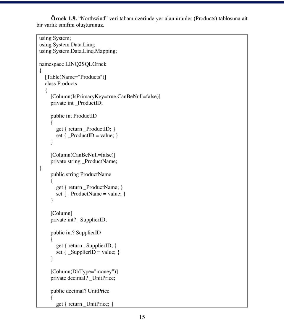 Mapping; namespace LINQ2SQLOrnek [Table(Name="Products")] class Products [Column(IsPrimaryKey=true,CanBeNull=false)] private int _ProductID; public int ProductID get return