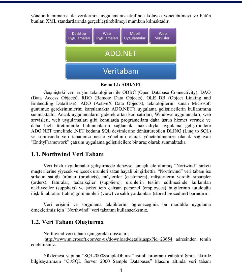Objects), teknolojilerini sunan Microsoft günümüz gereksinimlerini karşılamakta ADO.NET i uygulama geliştiricilerin kullanımına sunmaktadır.