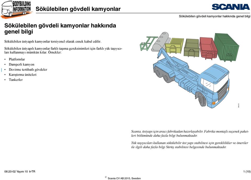 Örnekler: Platformlar Damperli kamyon Devirme tertibatlı gövdeler Karıştırma üniteleri Tankerler 348 618 Scania, üstyapı için aracı fabrikadan hazırlayabilir.