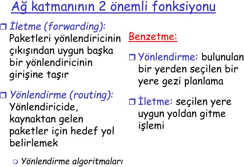 kaynaktan gelen paketler için hedef yol belirlemek Benzetme: Yönlendirme: bulunulan bir