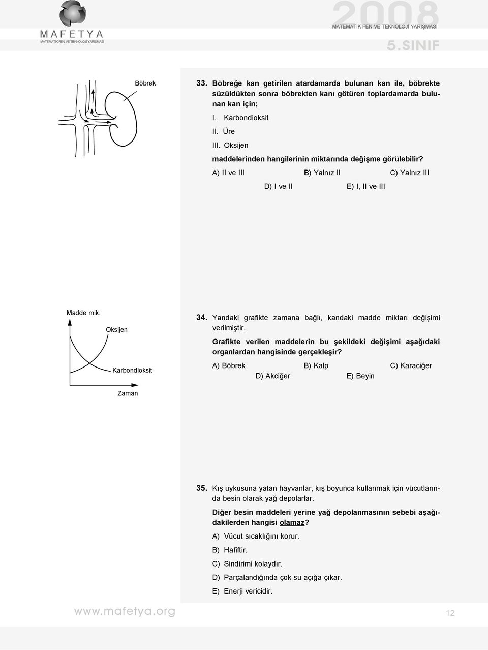 Yandaki grafikte zamana bağlı, kandaki madde miktarı değişimi verilmiştir. Grafikte verilen maddelerin bu şekildeki değişimi aşağıdaki organlardan hangisinde gerçekleşir?