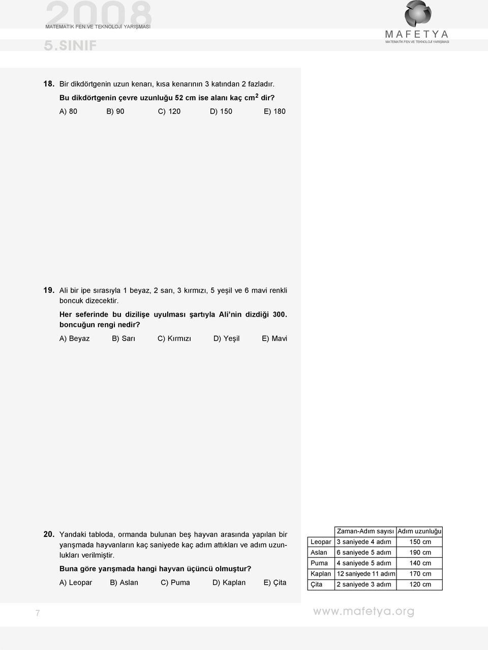 A) Beyaz B) Sarı C) ırmızı D) Yeşil E) avi 20. Yandaki tabloda, ormanda bulunan beş hayvan arasında yapılan bir yarışmada hayvanların kaç saniyede kaç adım attıkları ve adım uzunlukları verilmiştir.