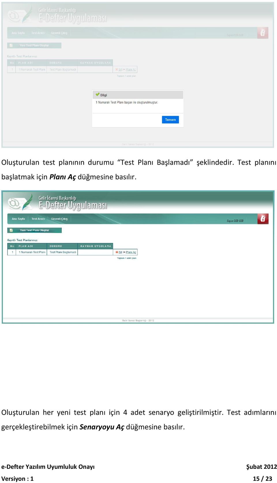 Oluşturulan her yeni test planı için 4 adet senaryo geliştirilmiştir.