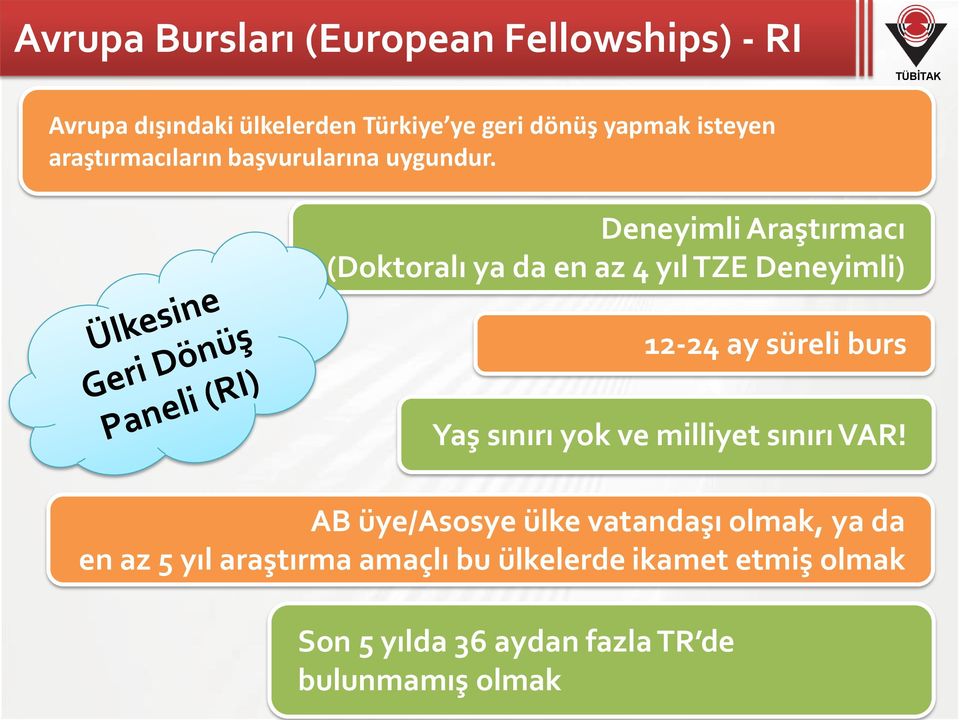 Deneyimli Araştırmacı (Doktoralı ya da en az 4 yıl TZE Deneyimli) 12-24 ay süreli burs Yaş sınırı yok ve