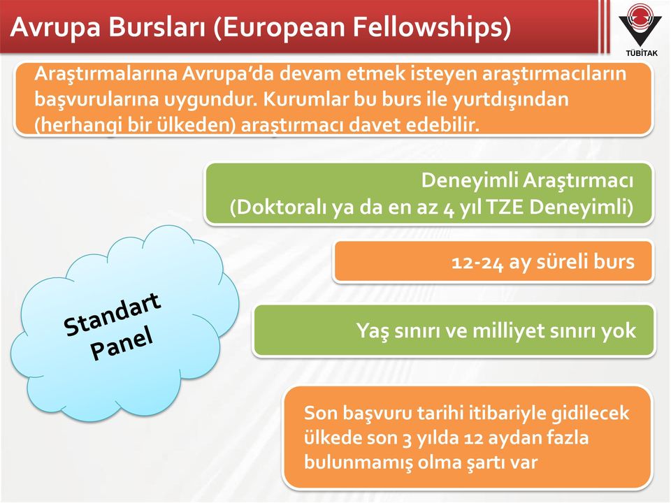 Deneyimli Araştırmacı (Doktoralı ya da en az 4 yıl TZE Deneyimli) 12-24 ay süreli burs Yaş sınırı ve