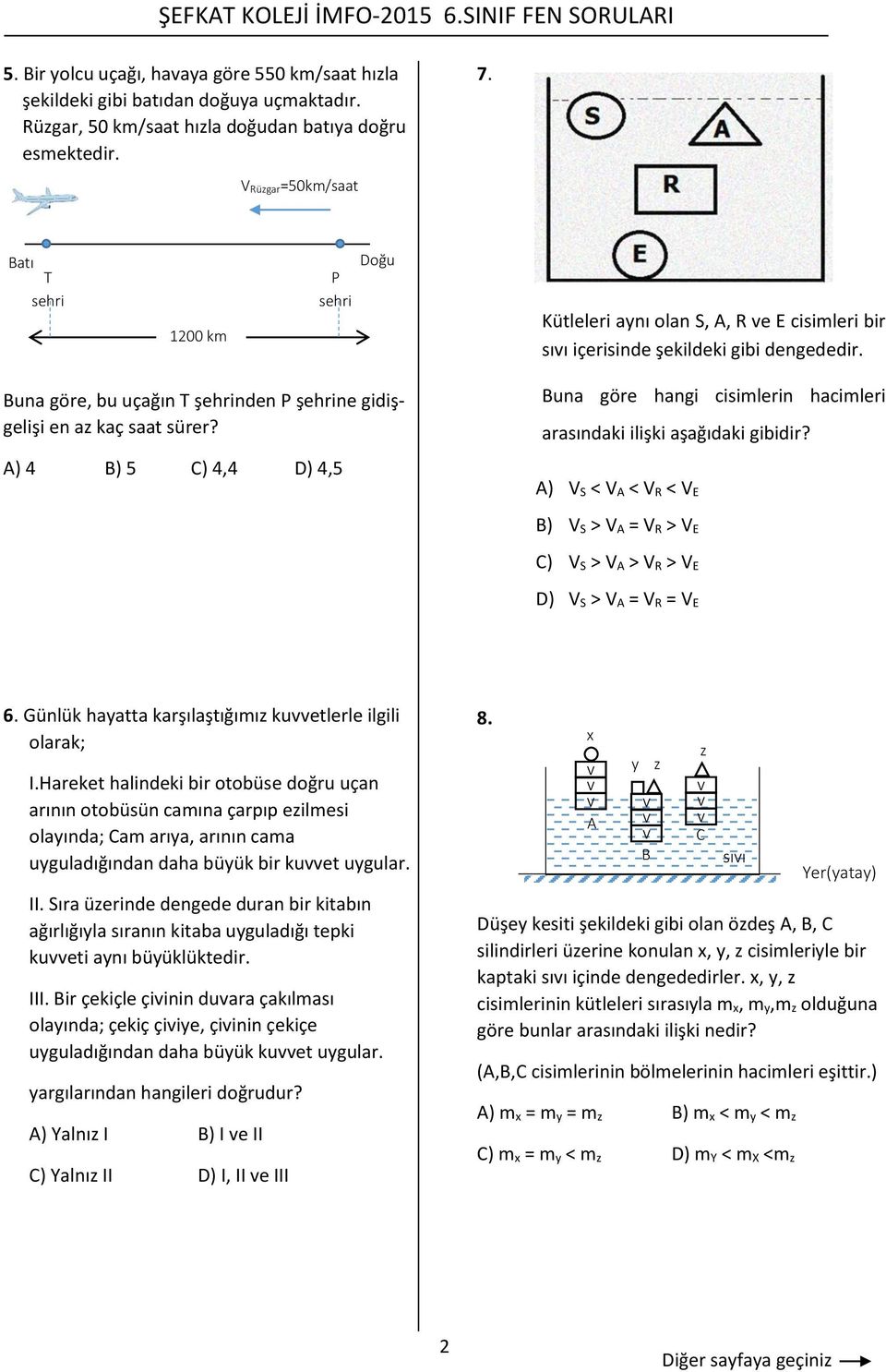 A) 4 B) 5 C) 4,4 D) 4,5 Buna göre hangi cisimlerin hacimleri arasındaki ilişki aşağıdaki gibidir? A) V S < V A < V R < V E B) V S > V A = V R > V E C) V S > V A > V R > V E D) V S > V A = V R = V E 6.