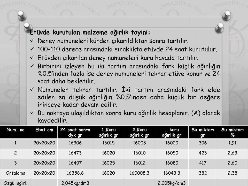 5 inden fazla ise deney numuneleri tekrar etüve konur ve 24 saat daha bekletilir. Numuneler tekrar tartılır. İki tartım arasındaki fark elde edilen en düşük ağırlığın %0.