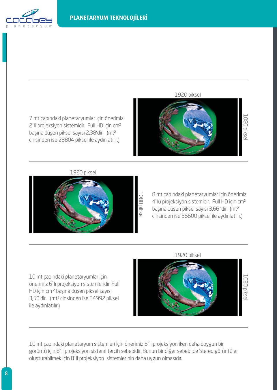 ) 10 mt çapındaki planetaryumlar için önerimiz 6`lı projeksiyon sistemleridir. Full HD için cm ² başına düşen piksel sayısı 3,50 dir. (mt² cinsinden ise 34992 piksel ile aydınlatılır.