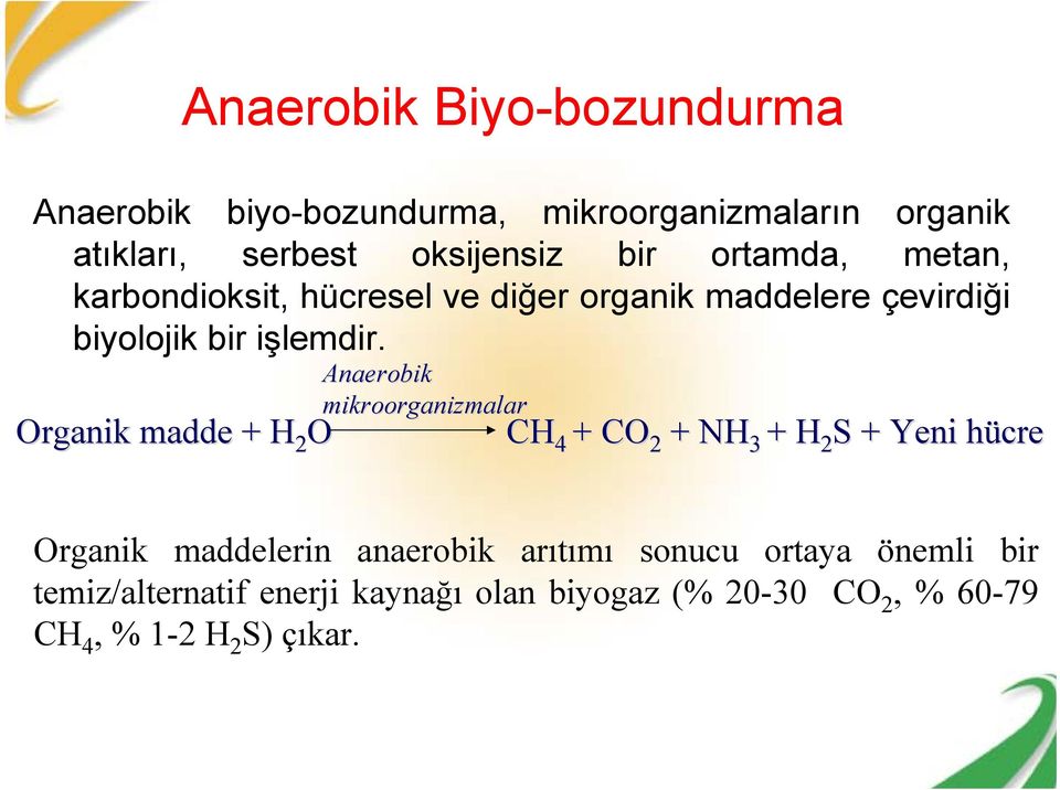 Organik madde + H 2 O Anaerobik mikroorganizmalar CH CH4 + CO 2 + NH 3 + H 2 S + Yeni hücreh Organik maddelerin
